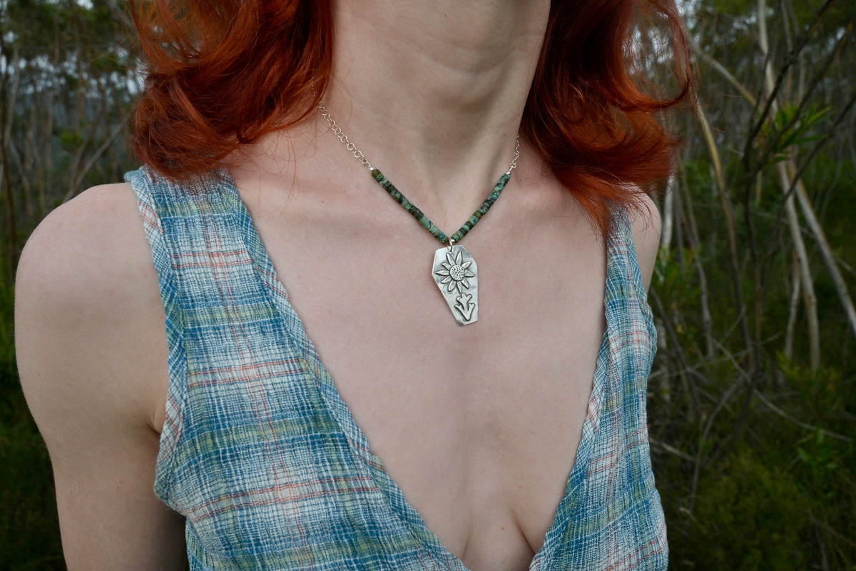 Bush Pixie Flannel Flower and Turquoise necklace