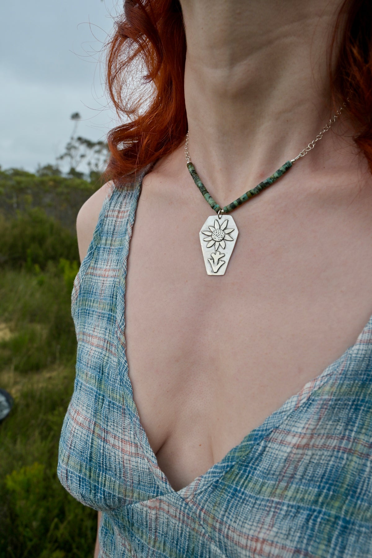 Bush Pixie Flannel Flower and Turquoise necklace