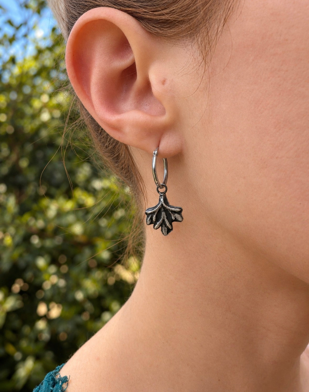Flannel Flower Leaf Hoop Earrings