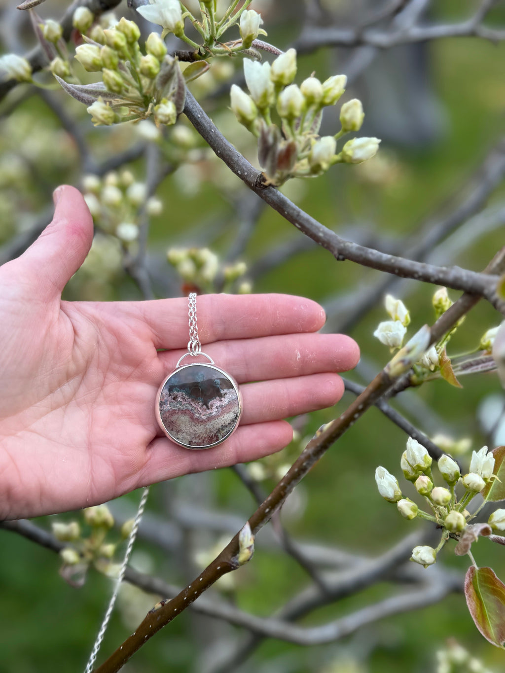 Moss Agate in Sterling Silver Pendant Necklace