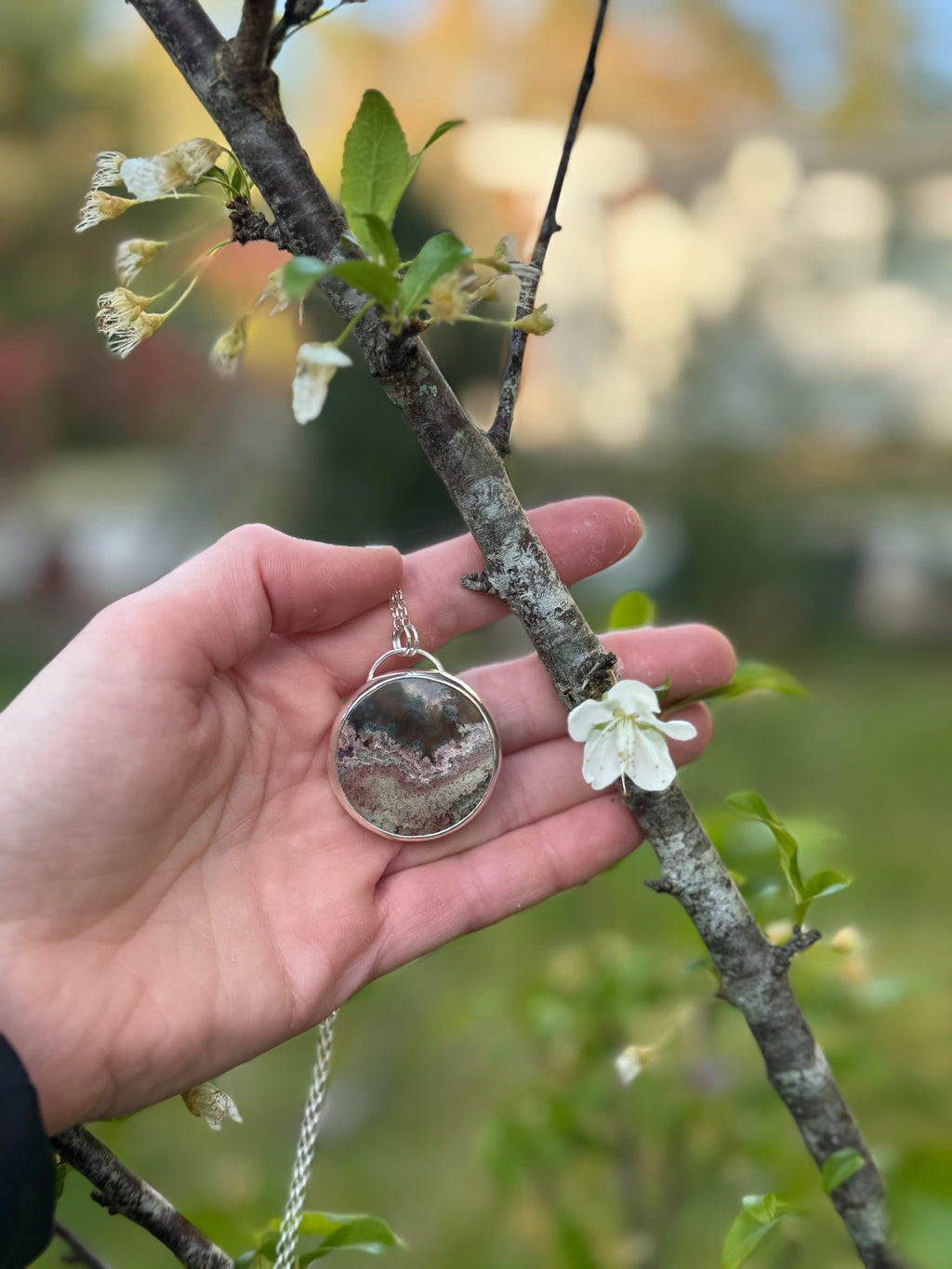 Moss Agate in Sterling Silver Pendant Necklace