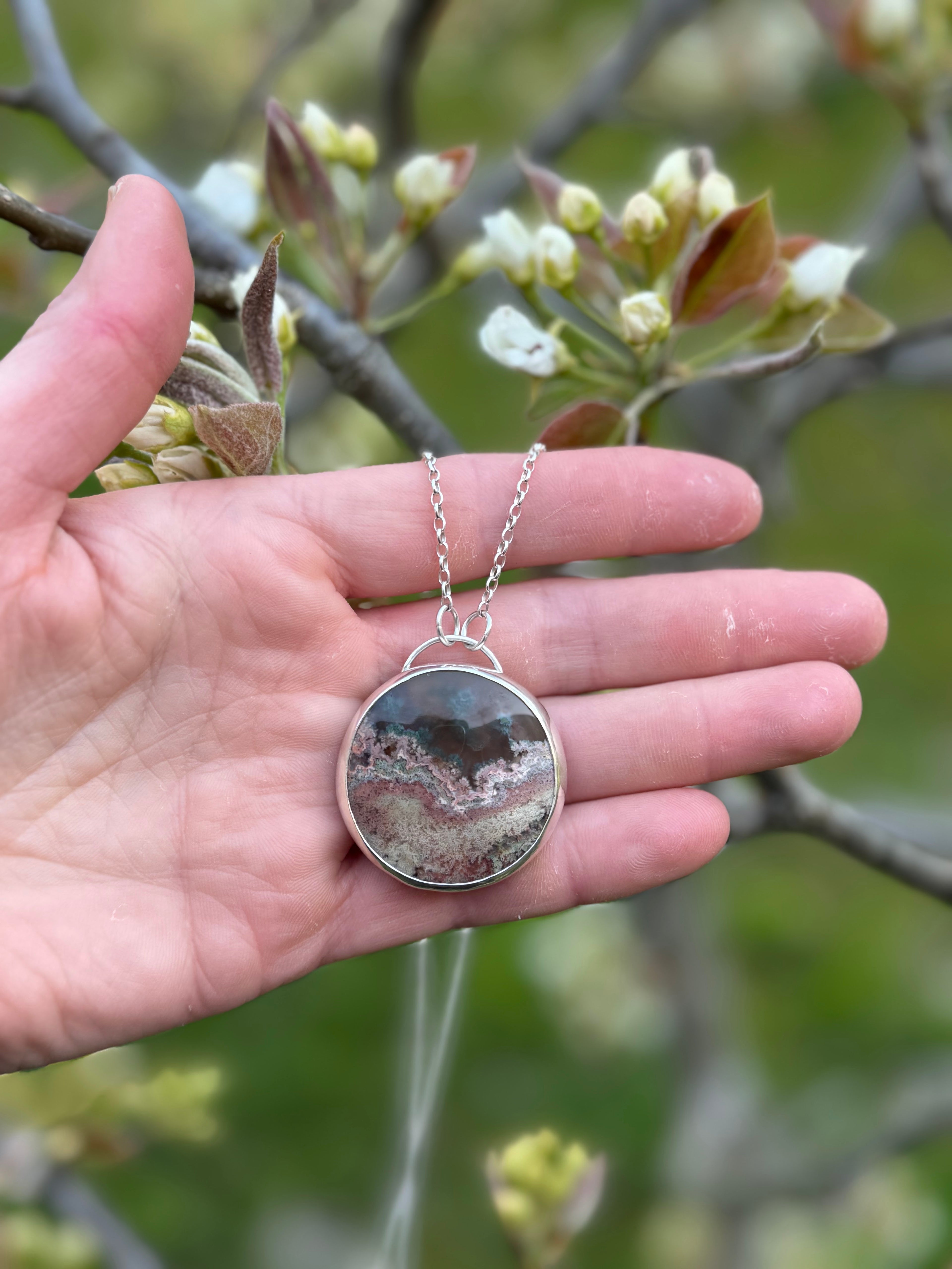 Moss Agate in Sterling Silver Pendant Necklace