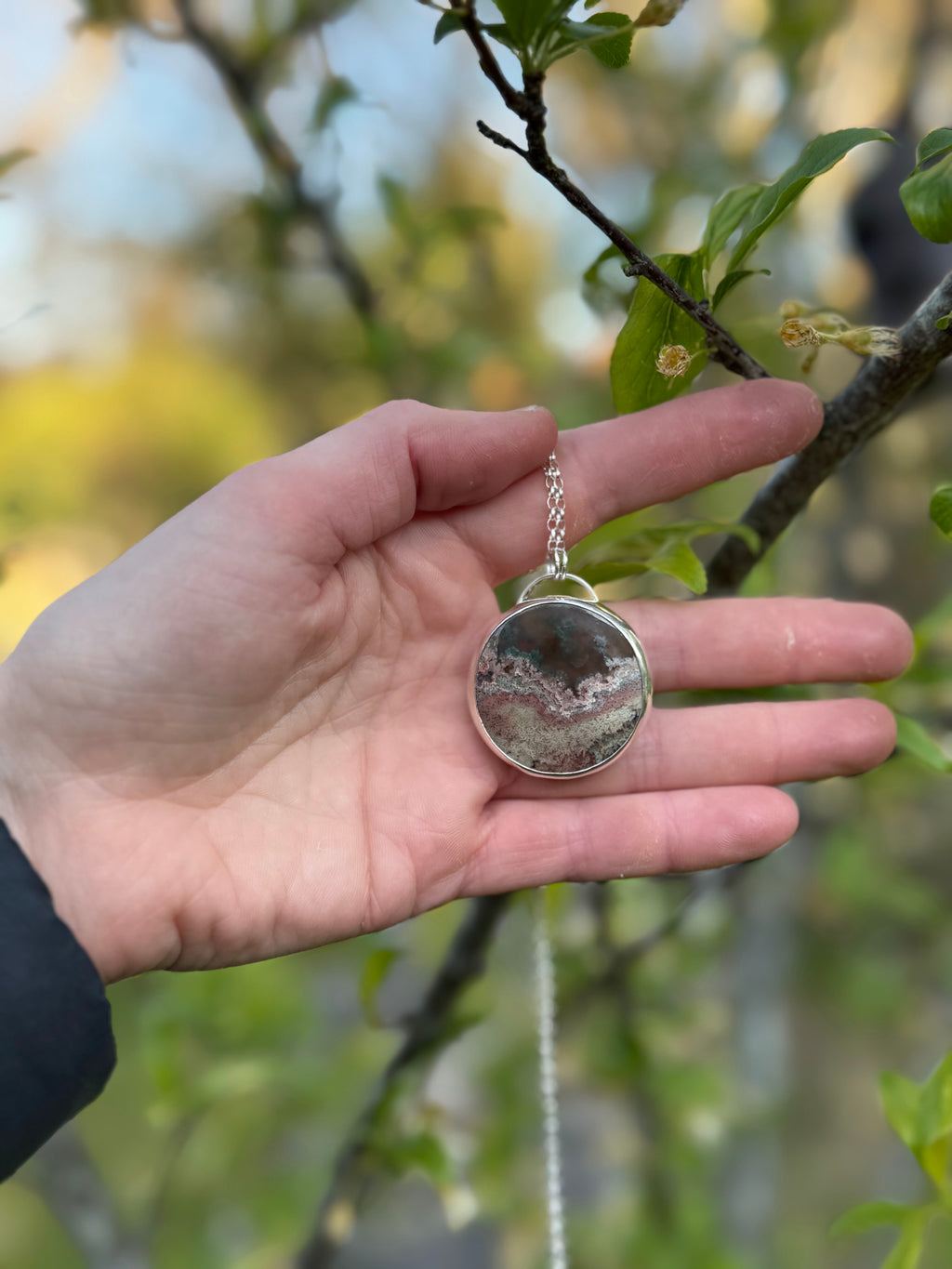 Moss Agate in Sterling Silver Pendant Necklace