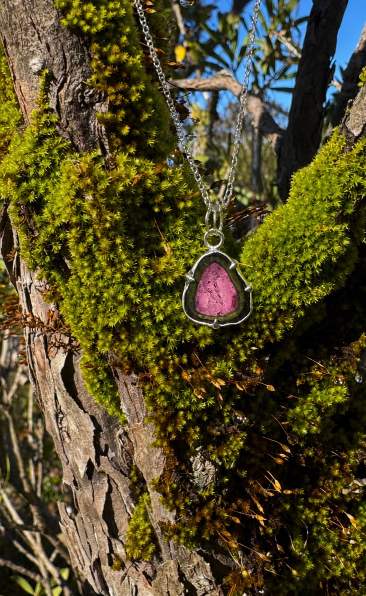 Pink and Green Watermelon Tourmaline Silver Necklace 